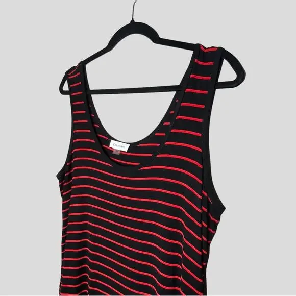 Retro Striped Tank Dress SZ 14 Calvin Klein Black Red Jersey Stretch Sporty Prep - Picture 2 of 6